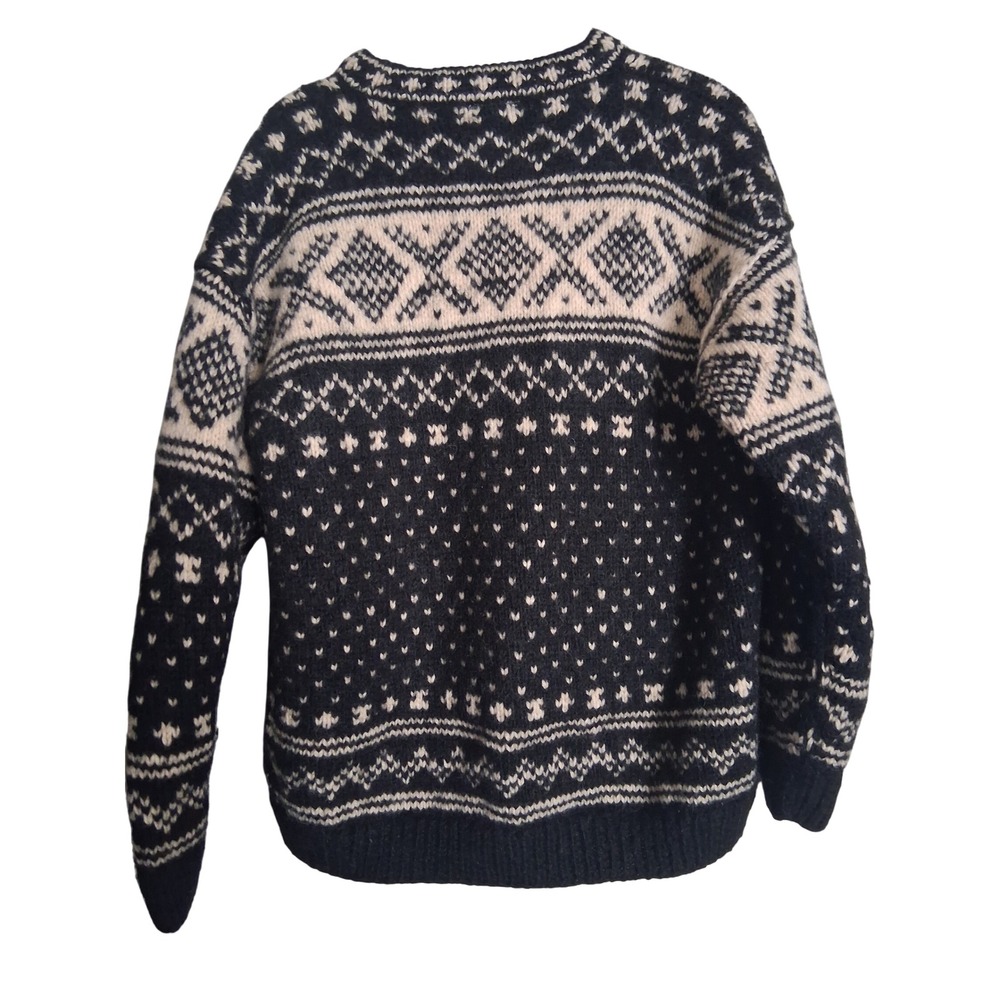 Yeti Mens 100% Wool Sweater Black Cream Fair Isle Henley Knit Made in Nepal M - Picture 3 of 7